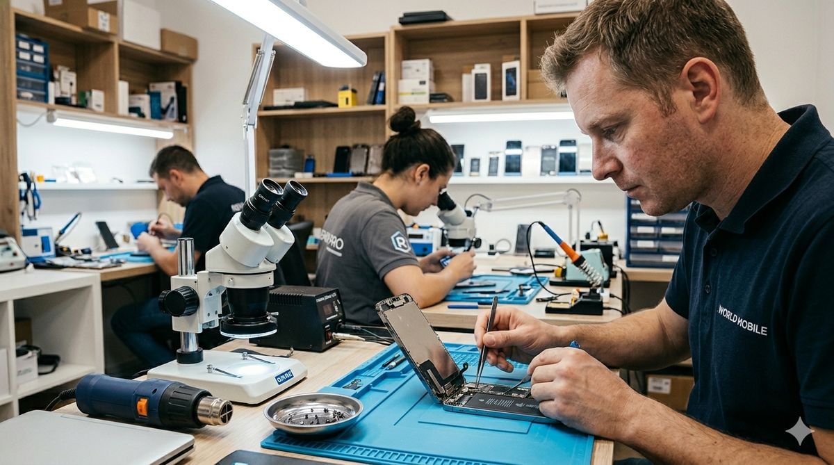 Atelier de réparation World Mobile à Saint-Maur-des-Fossés – 3 techniciens certifiés réparant des smartphones avec microscope de précision