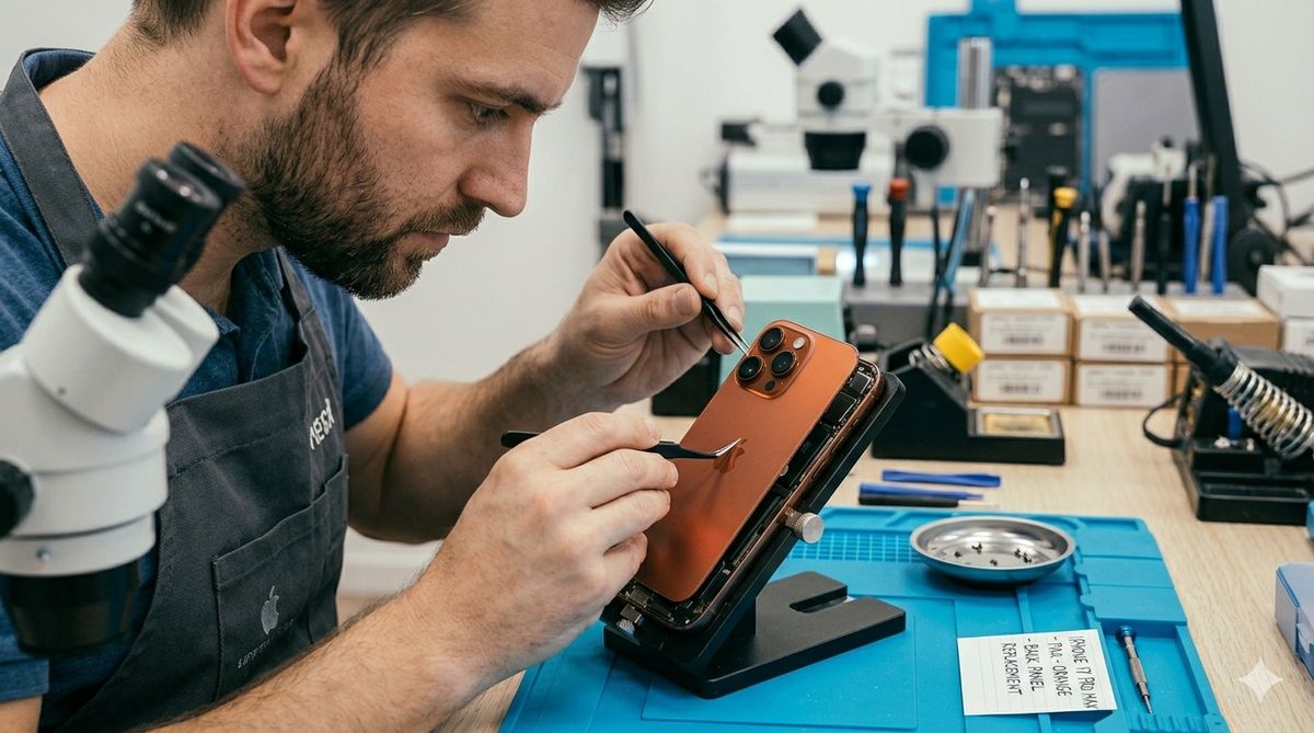 Technicien World Mobile réparant un iPhone 17 Pro Max avec outils de précision à Saint-Maur-des-Fossés